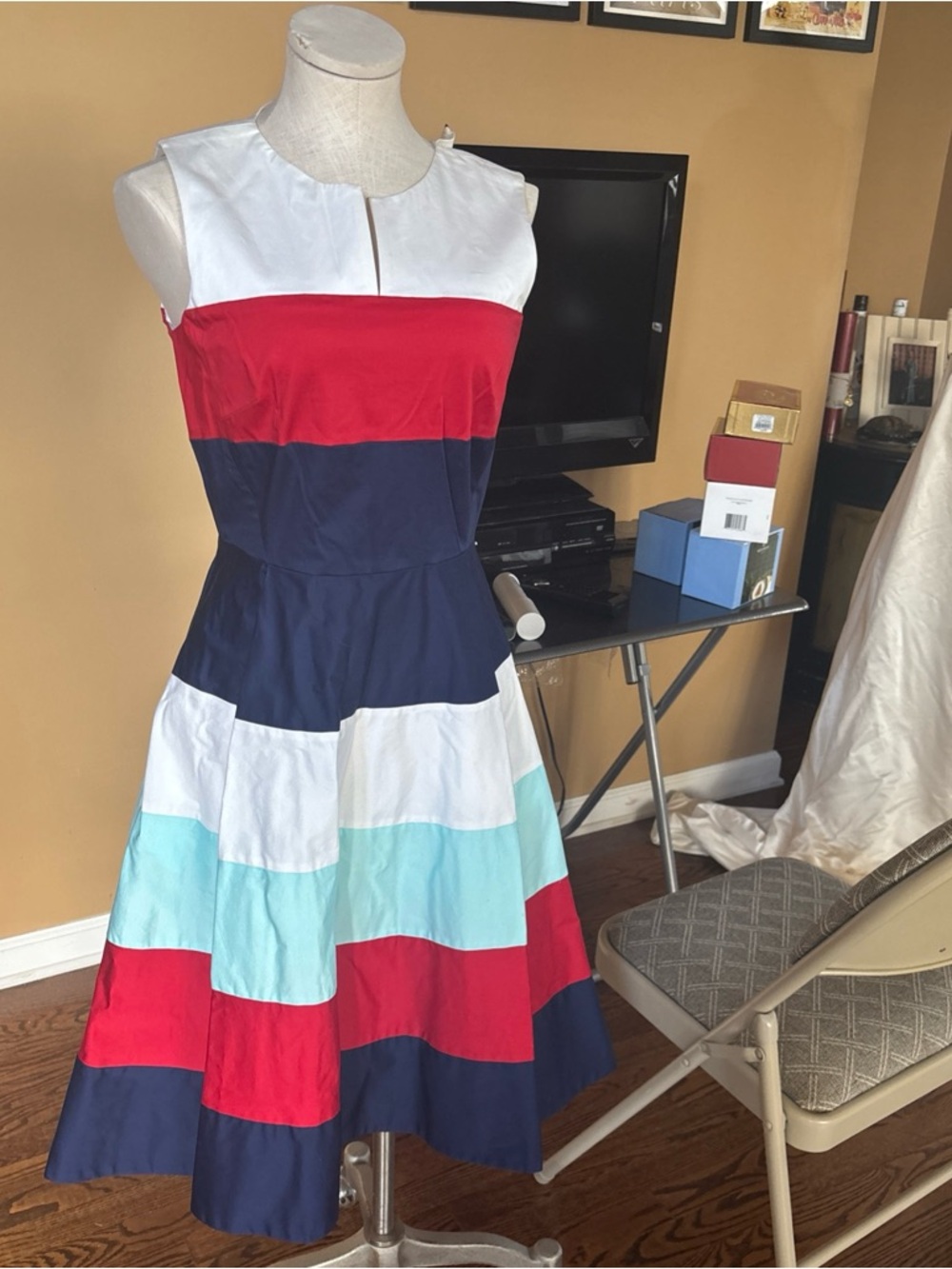 kate spade Sleeveless Colorblock Midi Dress in Red, Navy, White & Aqua